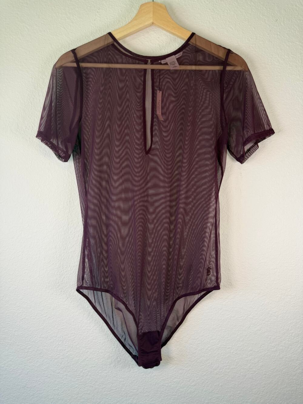 Victoria Secret Sheer Mesh Bodysuit NWT Burgundy Plum Keyhole Plunge Lg